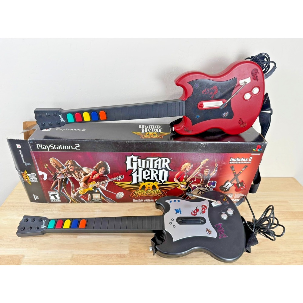 Lot of 2 Guitar Hero Aerosmith PS2 Wired Controllers w/ Original Box - No Game